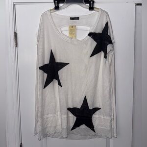 T- Party waffle knit long sleeve white shirt with black / charcoal stars Y2K NWT